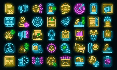 Online recruitment icons set. Outline set of online recruitment vector icons neon color on black