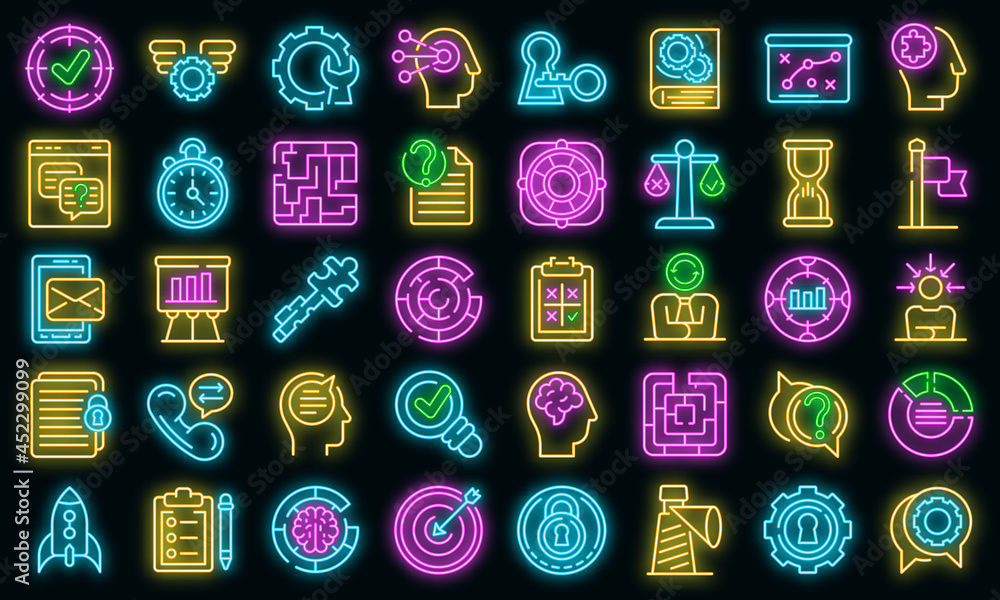 Poster problem solving icons set. outline set of problem solving vector icons neon color on black