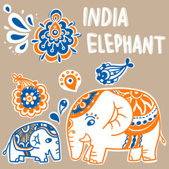 Vector hand draw India elephant. India style illustration. stock illustration