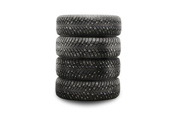 Fototapeta na wymiar winter directional studded tires isolate, set stack on a white background 4 wheels, safety on ice
