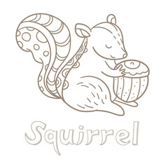Squirrel takes an acorn. Vector illustration. Alphabet card. Cute cartoon animal card.