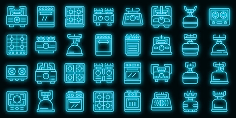 Burning gas stove icons set. Outline set of burning gas stove vector icons neon color on black