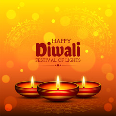 diwali festival vector realistic oil lamps illustration. diwali background design for banner ads, social media post, square banner