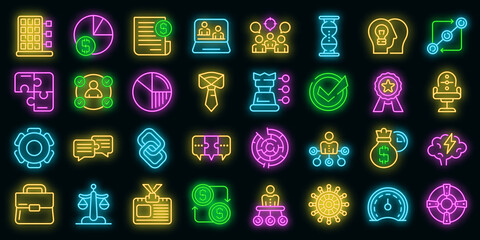 Business collaboration icons set. Outline set of business collaboration vector icons neon color on black