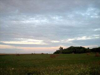 Haystacks on a mown field at the end of the day in the rays of the setting sun. Wheat is ripening nearby. The sky has a purple hue.