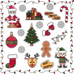 Christmas sticker set of icons. Christmas and New Year elements. Vector illustration. Isolated on a white background.