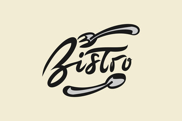 Bistro cafe vector logo badge with hand written modern calligraphy. Vector Illustration logo with spoon and fork.