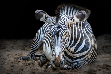 a beautiful zebra laying in the sand