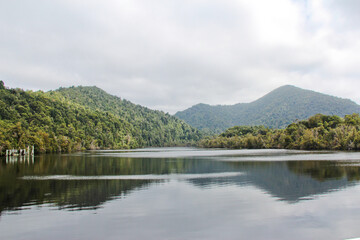 Reflections on the water on the Gordon River Tasmania Australia. no people, space for copy.