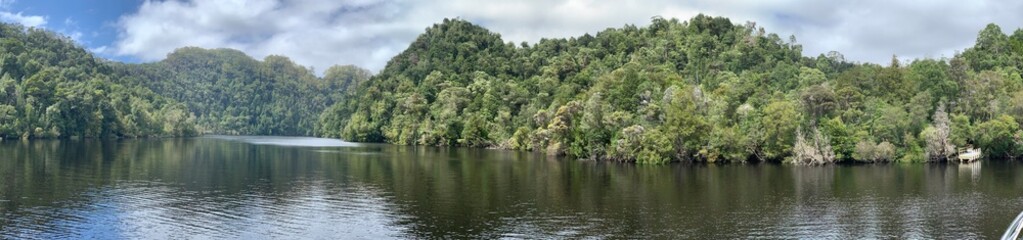 Fototapeta na wymiar View up the Gordon River Tasmania Australia. Huon pine. Historic, untouched landscape. No people