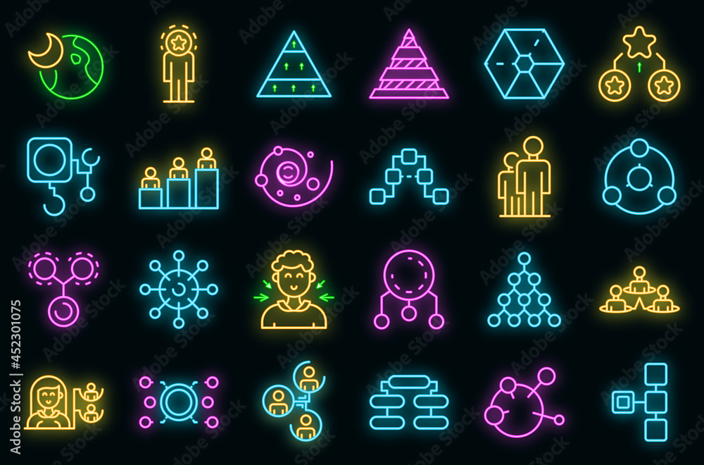 Poster hierarchy icons set. outline set of hierarchy vector icons neon color on black