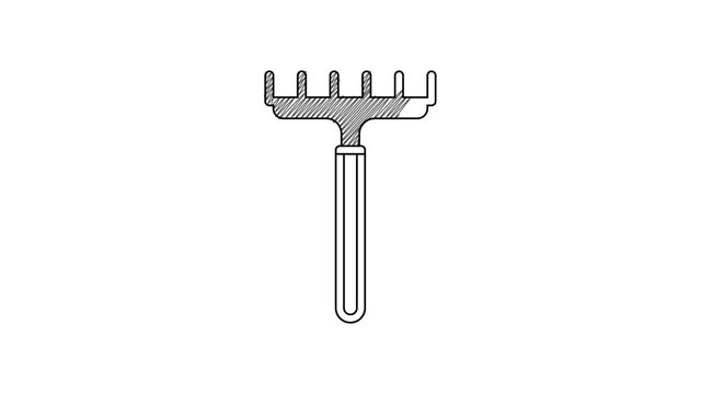 Black line Garden rake icon isolated on white background. Tool for horticulture, agriculture, farming. Ground cultivator. Housekeeping equipment. 4K Video motion graphic animation