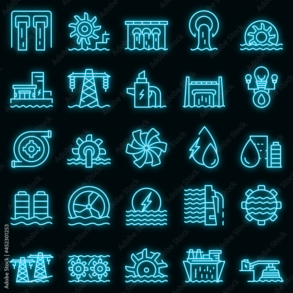 Poster hydro power icons set. outline set of hydro power vector icons neon color on black