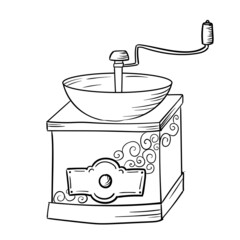 Retro coffee grinder. Grain coffee, Natural drink made from beans. Vector illustration isolated on white background.