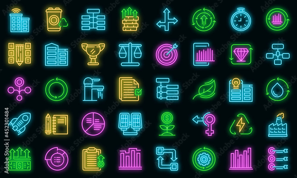 Poster sustainable development icons set. outline set of sustainable development vector icons neon color on