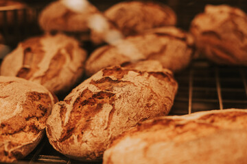 Artisan bread piled up on a bakery