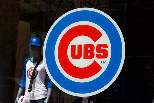 Chicago Cubs Logo At The Team Store On The Miracle Mile. The Cubs Won Their First World Series After A 108 Year Drought.