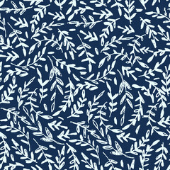 Seamless pattern with smal branches, twigs. Vector illustration on dark backgroud for surface design and other design projects