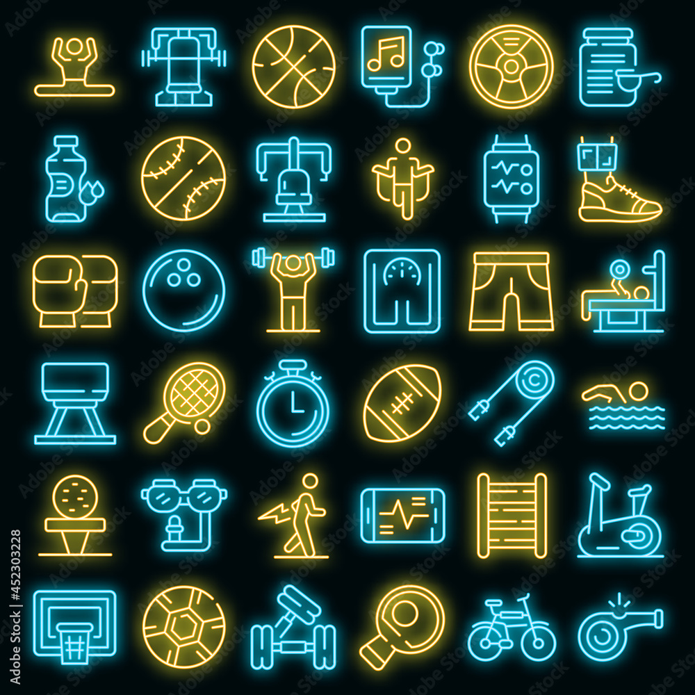 Aufkleber physical activity icons set. outline set of physical activity vector icons neon color on black