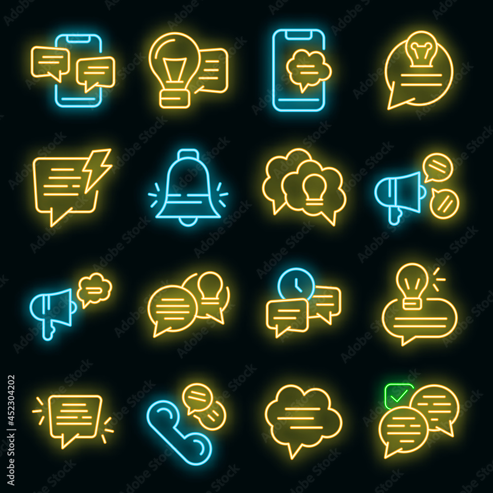Poster tips icons set. outline set of tips vector icons neon color on black