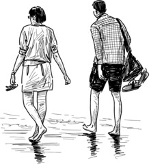 Sketch of couple young people walking barefoot on seashore