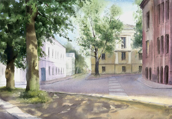 Fototapeta na wymiar Watercolor painting cityscape. Old summer street.