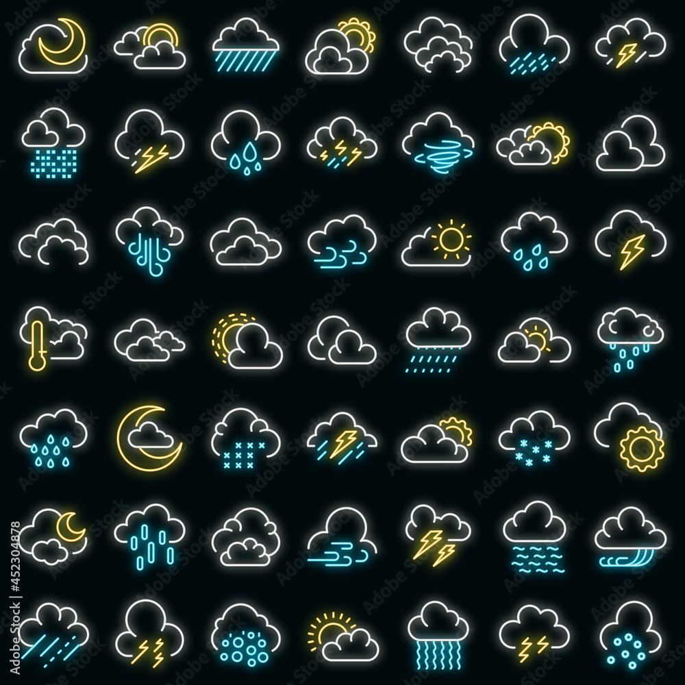 Poster cloudy weather icons set. outline set of cloudy weather vector icons neon color on black
