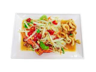 Thai papaya salad with crispy pork caps in white plate isolated on white background
