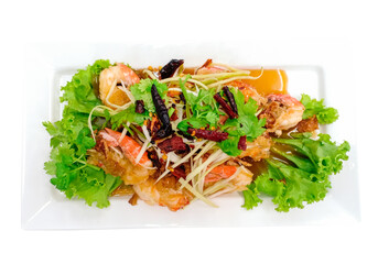 Crispy river prawns with tamarind sauce in white plate isolated on white background