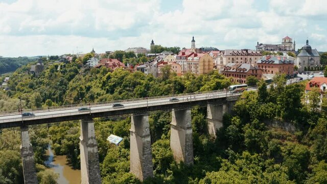 Huge stone bridge over the valley and forest in Kam'yanets'-Podil's'kyi in Ukraine. 