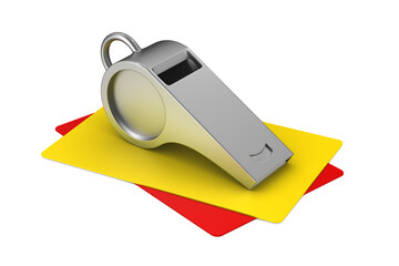 whistle and cards on white background. Isolated 3D illustration