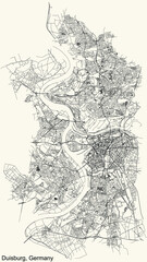 Black simple detailed street roads map on vintage beige background of Duisburg, Germany