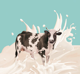 vache, laitière,  au milieu du giclée du lait, rivière, exploitation, crème, jus de coco, isolé, blanc, illustration, giclée, giclée du lait-coco, lait, clapoter, conception, liquide, vague, noir, mou