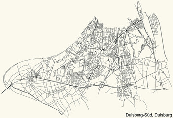 Black simple detailed street roads map on vintage beige background of the quarter Duisburg-Süd (south) district of Duisburg, Germany