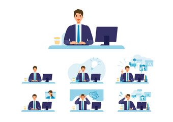 Telecommuting concept. Vector illustration of people having communication via telecommuting system. Concept for video conference, workers at home or office.