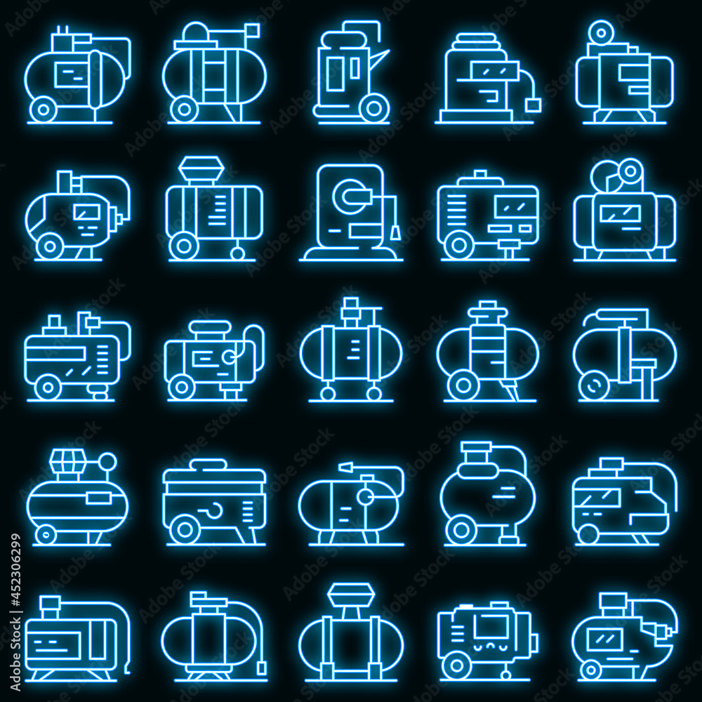 Poster compressor icons set. outline set of compressor vector icons neon color on black