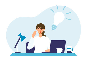 Thinking businesswoman and light bulb sign. Problem solving concepts.