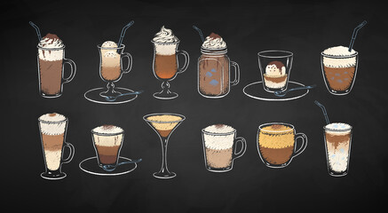 Chalk drawn dessert coffee drinks - obrazy, fototapety, plakaty