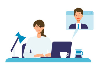 Vector illustration of businesswoman having communication via telecommuting system.