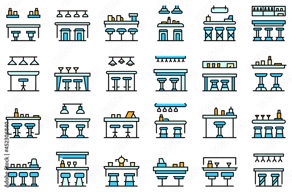 Poster bar counter icons set. outline set of bar counter vector icons thin line color flat on white