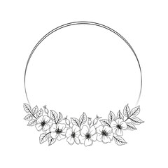 Wild rose flower wreath line art isolated