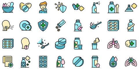 Fototapeta premium Cough drops icons set. Outline set of cough drops vector icons thin line color flat on white