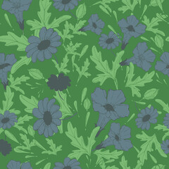 vector illustration seamless pattern botanical print with gray flowers,green leaves on dark green background,for wallpaper or fabric