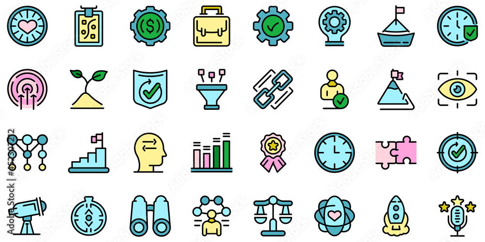 Poster core values icons set. outline set of core values vector icons thin line color flat on white