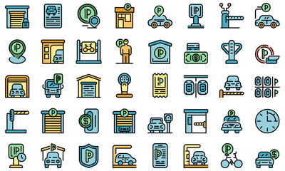 Paid parking icons set. Outline set of paid parking vector icons thin line color flat on white
