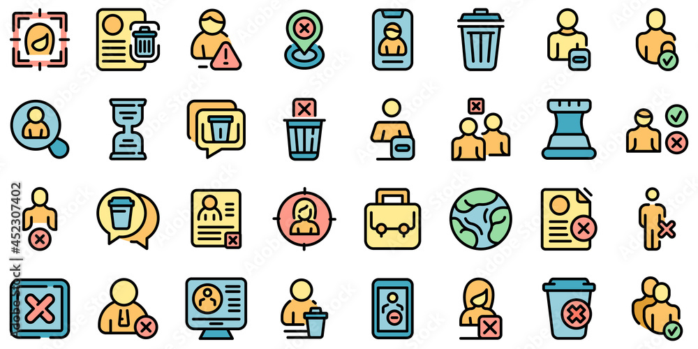 Poster delete user icons set. outline set of delete user vector icons thin line color flat on white
