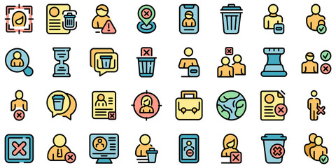 Delete user icons set. Outline set of delete user vector icons thin line color flat on white