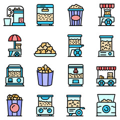 Popcorn maker machine icons set. Outline set of popcorn maker machine vector icons thin line color flat on white