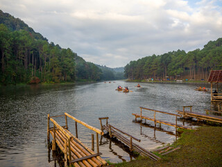The raft in a beautiful reservoir in the higher mountain, Pang Oung, Mae hong son, Thailand.