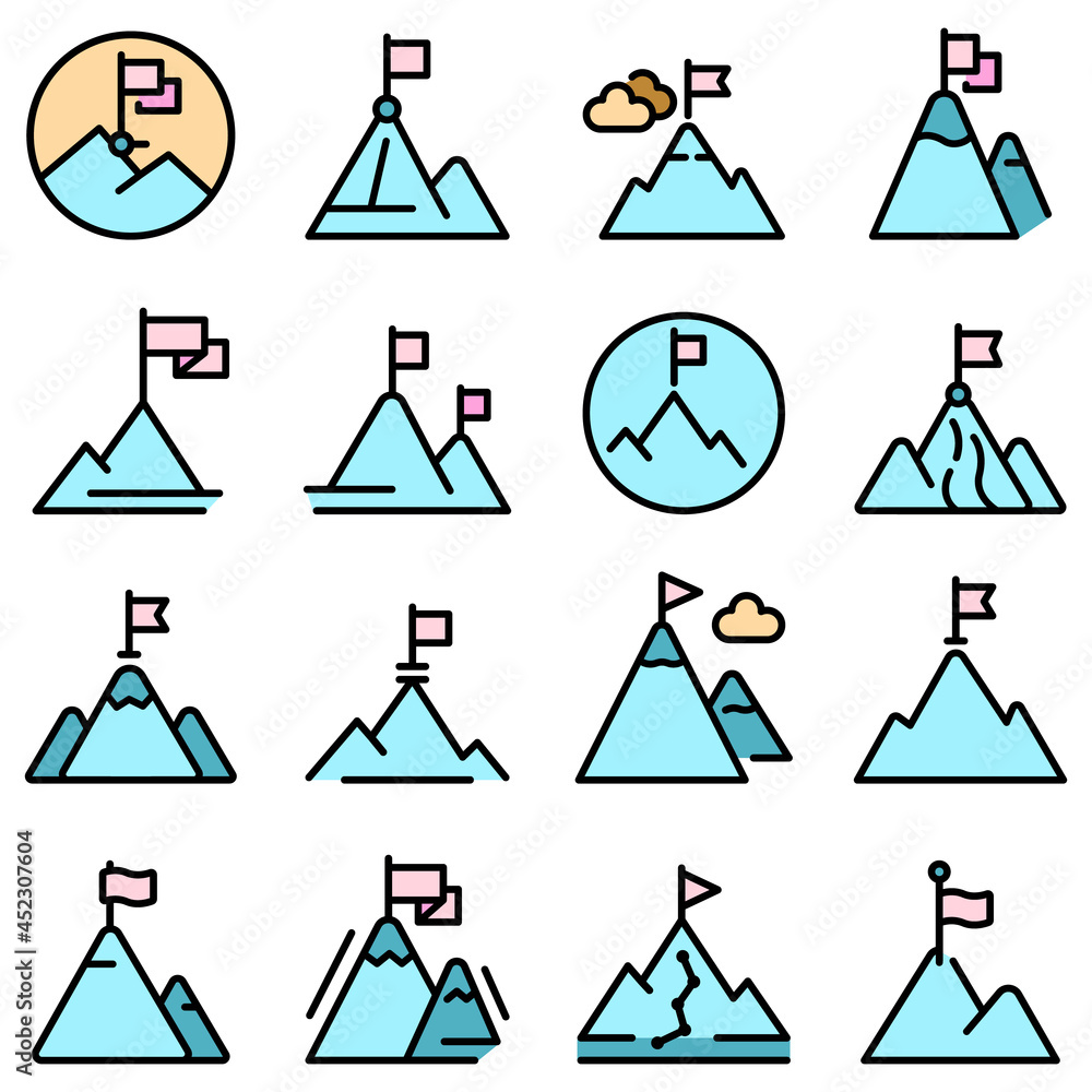 Poster flag on mountain icons set. outline set of flag on mountain vector icons thin line color flat on whi